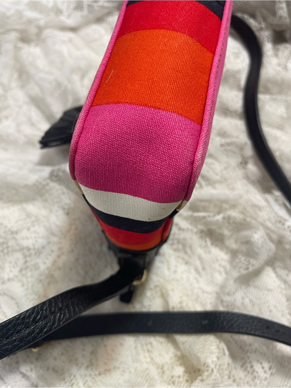 NWT Kate Spade NY Hayes black leather small canvas leather crossbody strips - Picture 10 of 11